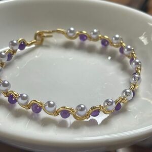Rebekah bangle bracelet 8” gold copper core lavender purple shell beads pearls a